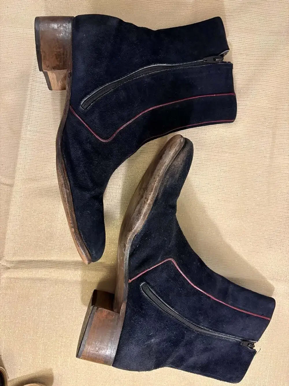 Vintage Suede Ankle Boots Blue with Piping, mens